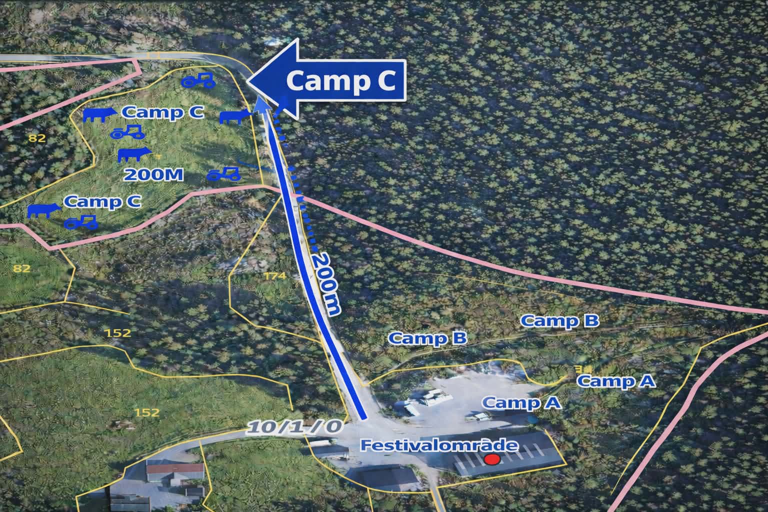 Kart som viser vei til Camp C — 200 meter fra festivalområdet