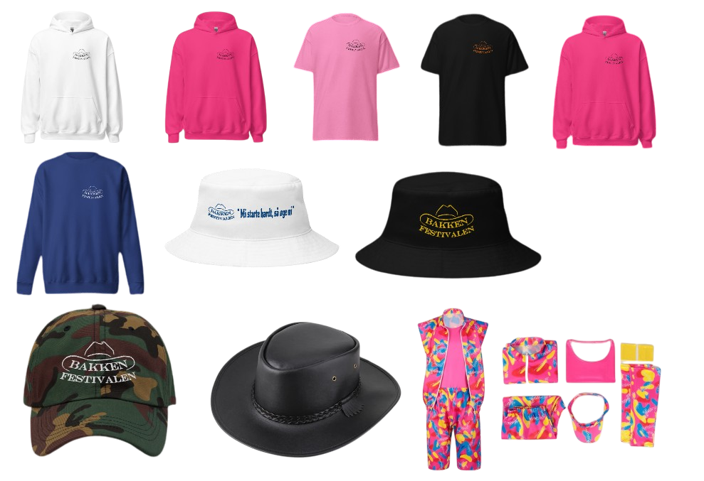 Bakkenfestivalen merch — hettegensere, t-skjorter, capser og hatter